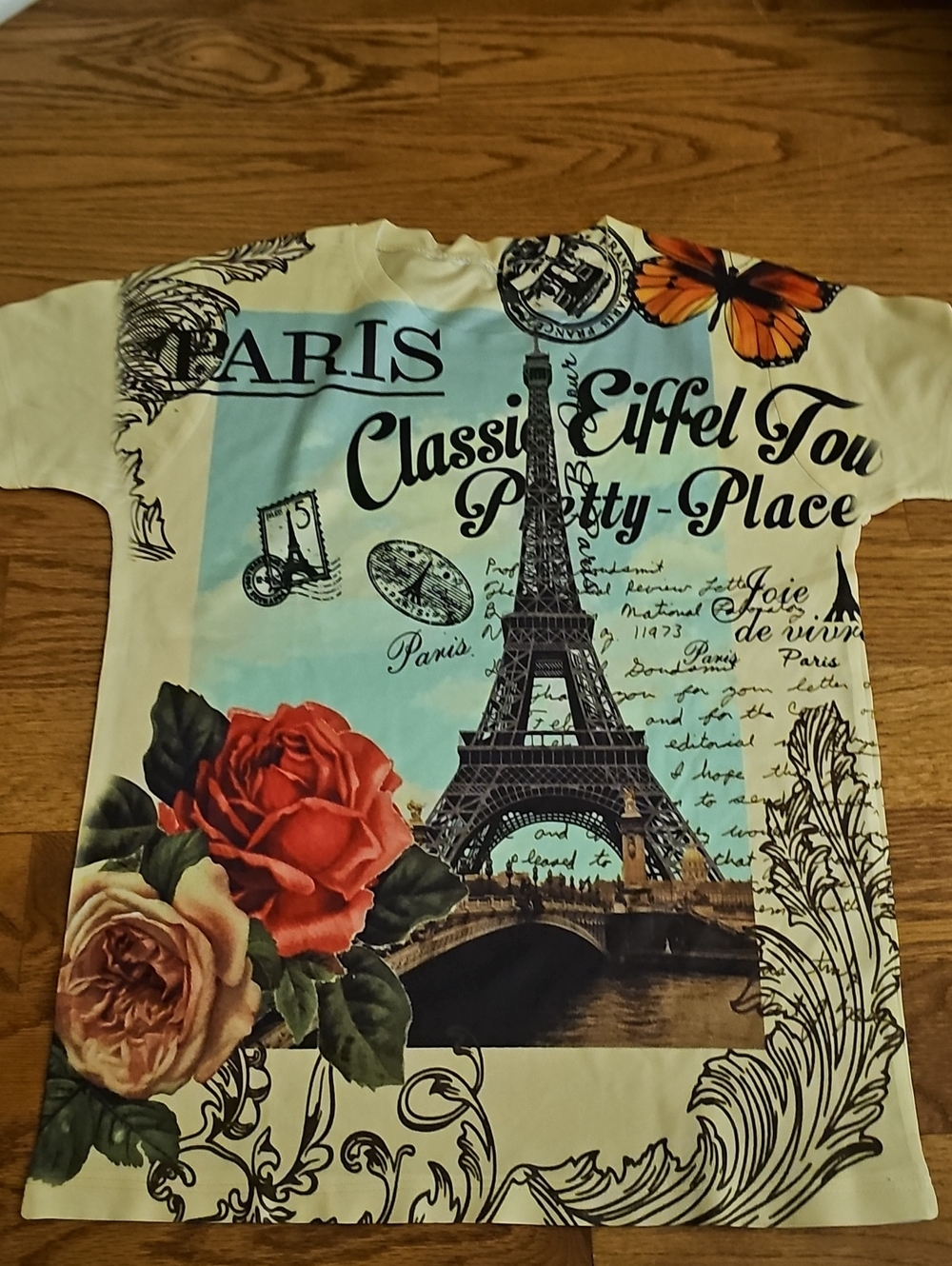 Paris Eiffel Tower Graphic Kids Tee - Cream with Red & Blue Floral Print